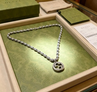 Gucci GG Medallion Beaded Silver Chain Necklace