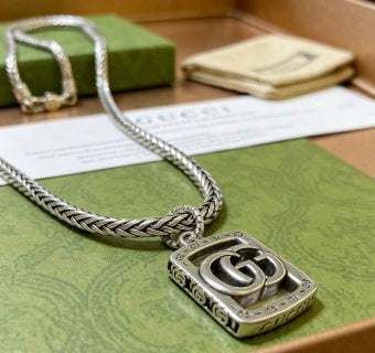 Gucci GG Monogram Shield Pendant Silver Chain Necklace