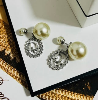 Dior Crystal Medallion Pearl Drop Earrings