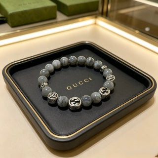 Gucci GG Grey Bead Silver Accent Stretch Bracelet