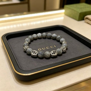 Gucci GG Grey Bead Silver Accent Stretch Bracelet