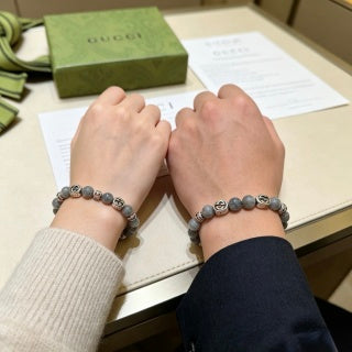 Gucci GG Grey Bead Silver Accent Stretch Bracelet
