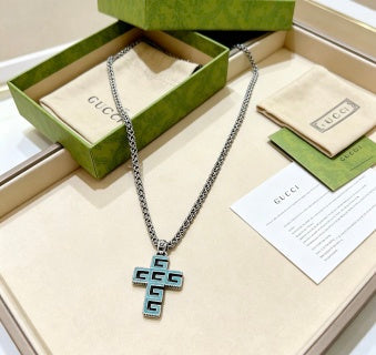 Gucci GG Geometric Cross Pendant Silver Chain Necklace