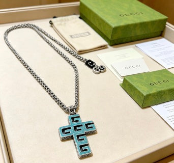 Gucci GG Geometric Cross Pendant Silver Chain Necklace
