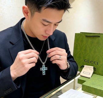 Gucci GG Geometric Cross Pendant Silver Chain Necklace