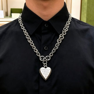 Gucci GG Heart Drop Pendant Silver Chain Necklace