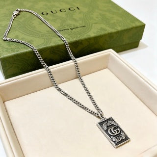 Gucci GG Monogram Plaque Silver Chain Necklace