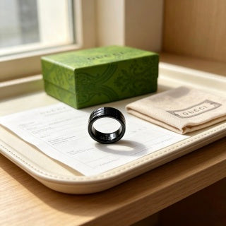 Gucci GG Black Enamel Gold Edge Band Ring