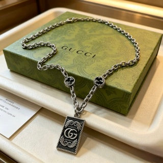 Gucci GG Monogram Plaque Long Silver Chain Necklace