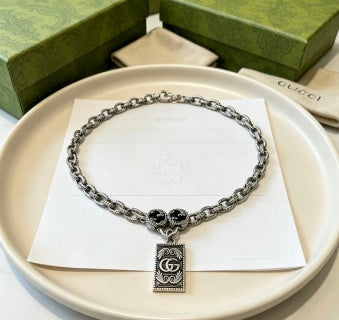 Gucci GG Monogram Plaque Long Silver Chain Necklace