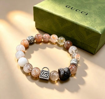 Gucci GG Natural Stone Bead Silver Charm Bracelet