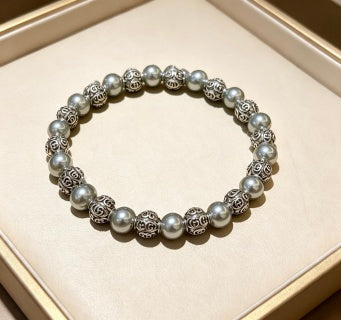 Gucci GG Pearl Bead Filigree Silver Bracelet