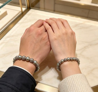 Gucci GG Pearl Bead Filigree Silver Bracelet