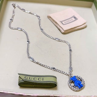 Gucci GG Blue Horsebit Medallion Necklace