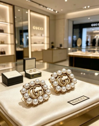 Gucci GG Pearl Crystal Square Stud Earrings