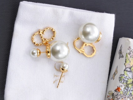 Dior Evelyne Pearl CD Link Drop Stud Earrings