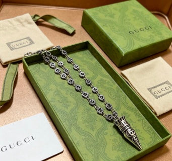 Gucci GG Engraved Spike Pendant Chain Necklace